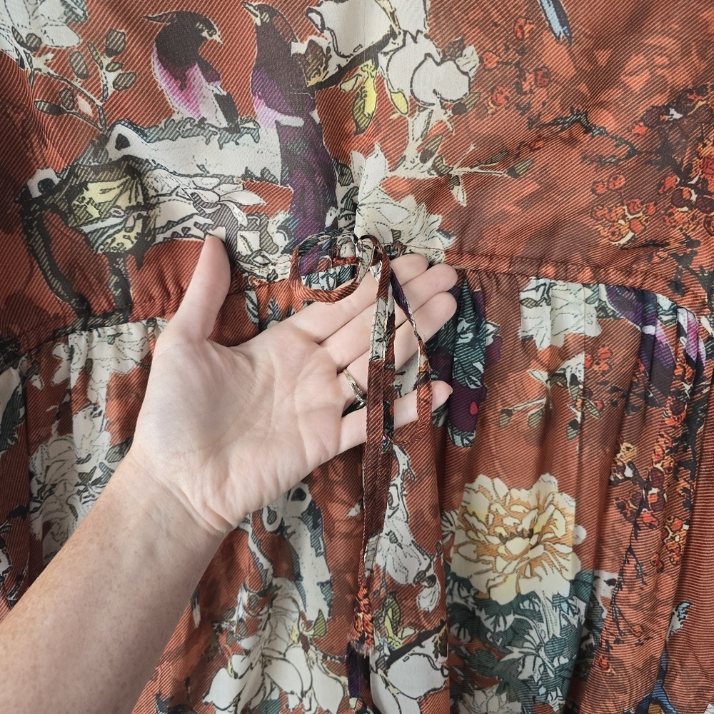 Hemant & Nandita Zeri Tiered Floral Bird Print Peasant Dress 8 Ruffle Sleeves - Picture 6 of 14